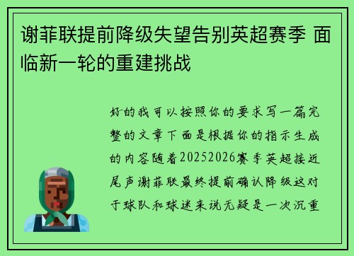 谢菲联提前降级失望告别英超赛季 面临新一轮的重建挑战 谢菲联提前降级失望告别英超赛季 面临新一轮的重建挑战